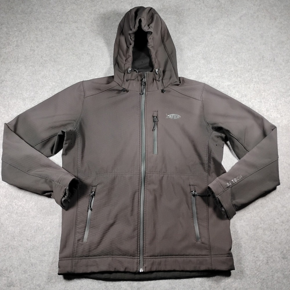 AFTCO AFTECH Mens Medium Charcoal Gray Full Zip Hooded Fishing Softshell Jacket